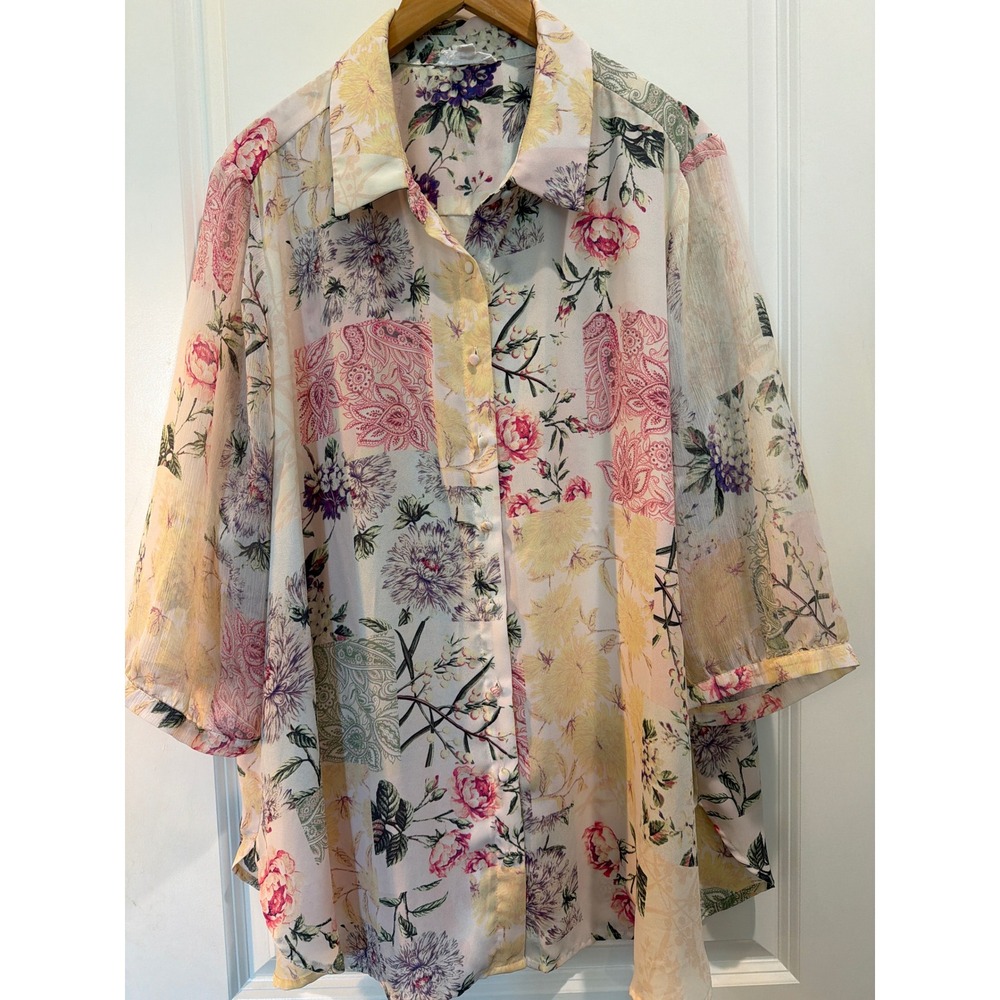 Cynthia Rowley Floral Paisley Patchwork Blouse 2X Pastel Pink Yellow Multi